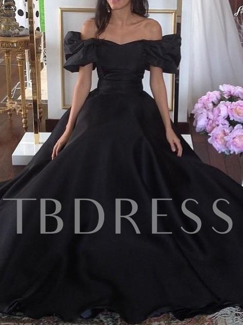 A-Line Off-the-Shoulder Ruffles Sweep Train Evening Dress - Tbdress.com 1950s Ball Gown, Princess Evening Dress, Prom Dresses Under 100, Black Ball Gown, Prom Dresses 2016, Prom Dresses Vintage, Black Prom Dress, Ball Gowns Evening, Black Prom