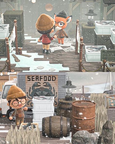 Acnh Ice Fishing, Acnh Fisherman, Fishing Village Animal Crossing, Acnh Fishing Town, Acnh Fisherman House, Acnh Truck Design Code, Animal Crossing Coastal Town, Acnh Fishing Village, Acnh Coastal Codes