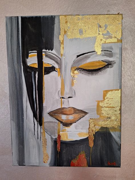 Abstract face. Acrylic on canvas. Painted on the edges Fill your walls to give character to your home. Hand painted, it is not a unique and original print Abstract Woman Painting Faces, Gold Leaf Portrait, Leaf Portrait, Face Abstract, Abstract Portrait Painting, Black Tones, Abstract Face Art, Abstract Face, Portrait Wall