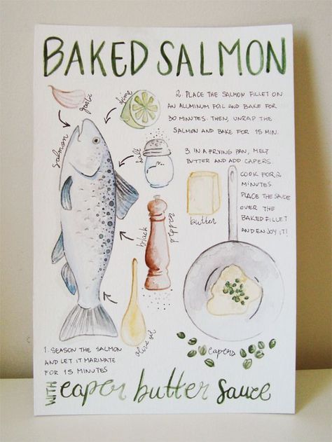 "Baked Salmon" watercolor illustration by Marina Prado #food #watercolor Watercolor Recipe Cards, Recipe Drawing Food Illustrations, Recipe Illustration, Illustration Art Prints, Homemade Recipe Books, Recipe Book Design, Food Watercolor, Diy Cookbook, Recipe Art