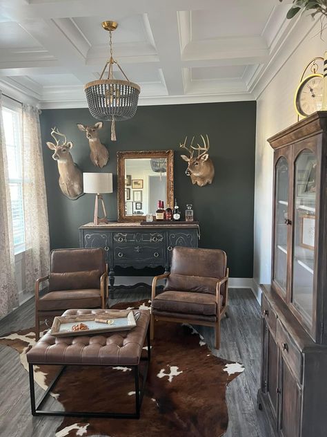 Moody Hunting Lodge, Styling Deer Mounts, Office With Animal Mounts, Hunt Country Style Interior, Home Office With Deer Mounts, Living Room With Taxidermy, How To Decorate Around Deer Mounts, Feminine Hunting Decor, Displaying Deer Antlers