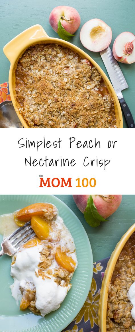 Simplest Peach or Nectarine Crisp / It’s all about the fruit. Any stone fruit will be great here, as long as it’s perfectly ripe and sweet (but not too soft). Besides peaches and nectarines, plums and any kind of berries are perfect, though the cooking time for berries might be a little shorter. Peach And Nectarine Crisp, Peach And Nectarine Cobbler, Nectarine Crumble Recipe, Ripe Nectarines Recipe, Over Ripe Nectarine Recipes, White Nectarine Recipes, Nectarine Recipes Healthy, Nectarine Crumble, Nectarine Crisp