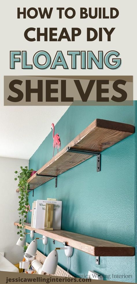 How to build cheap DIY floating shelves. They’re perfect for home offices, living rooms, kitchens, and bedrooms. Diy Large Shelf, Diy Large Floating Shelves, Diy Shelves With Brackets, Diy Long Shelf, How To Make A Floating Shelf, Diy Floating Shelves Easy Cheap, Cheap Diy Shelves, Floating Shelves Pantry, How To Build Long Floating Shelves