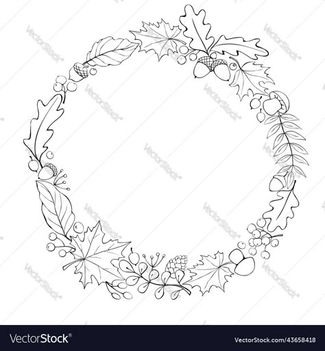 Woodland Wreath Illustration, Fall Vector Illustrations, Autumn Wreath Drawing, Autumn Line Art, Burning Hats, Burnt Hats, Forest Wreath, Fall Borders, Easy Fall Wreaths