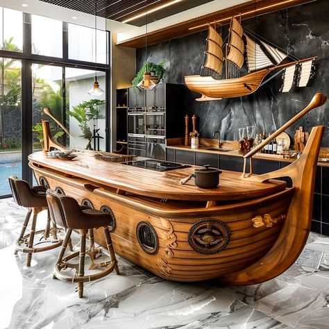 Ahoy, Matey! Navigate Culinary Seas with a Pirate Ship Kitchen Islands! - ArtistryApex.com Nautical Themed Bar, Nautical Bar, Steampunk Furniture, Nautical Theme Decor, Ahoy Matey, Bar Interior Design, Design Bar, Furniture Rehab, Bar Set Up