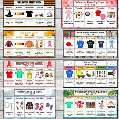 Dress Up Day Ideas Spirit Weeks, Summer Spirit Week Ideas, Employee Appreciation Gifts Diy, Holiday Spirit Week, School Spirit Ideas Pep Rally, Spirit Weeks, Spirit Week Themes, Spirit Day Ideas, Dress Up Days