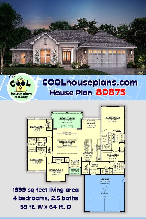 Country, Traditional House Plan 80875 with 4 Beds, 3 Baths, 2 Car Garage 4 Bed 2.5 Bath House Plans One Story, Porch Storage, Barn Door Closet, House Plans One Story, Traditional House Plan, 2 Story Houses, 2 Car Garage, 4 Bed 3 Bath, New House Plans