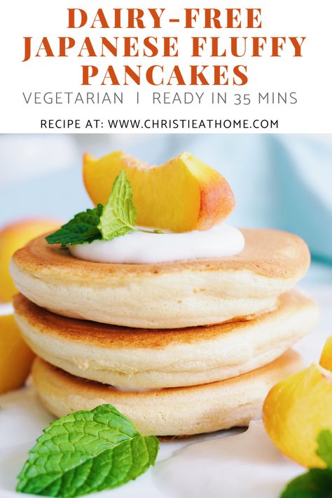 A delicious recipe for dairy-free Japanese Fluffy Pancakes with Coconut Cream. These pancakes are so light, fluffy, and thick. Perfect for breakfast or dessert. They pair wonderfully with the vegan coconut cream, peaches and mint. This recipe only takes 30 minutes and is simple to make. Vegan Coconut Cream, Japanese Fluffy Pancakes, Japanese Souffle Pancakes, Japanese Pancake Recipe, Recipes With Coconut Cream, Vegetarian Pancakes, Light And Fluffy Pancakes, Japanese Pancake, Souffle Pancakes