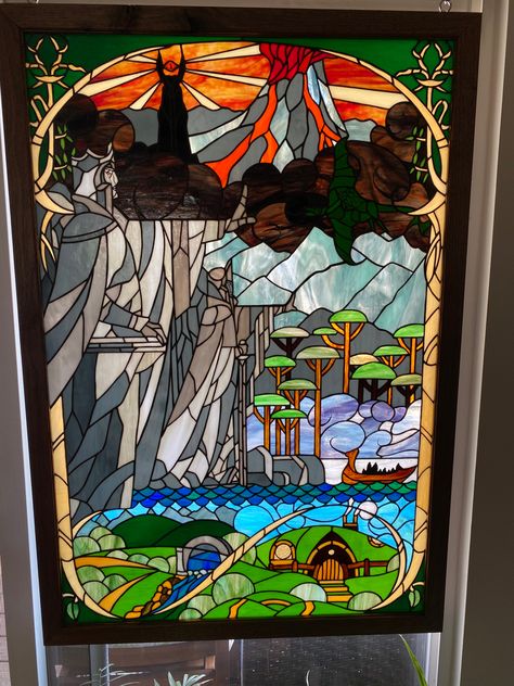 Lotr Stained Glass Art, Hobbit Stained Glass Art, Stained Glass Lord Of The Rings, Anime Stained Glass Patterns, Howls Moving Castle Stained Glass Art, Lord Of The Rings Stained Glass Art, Stained Glass Couple, Dnd Stained Glass Art, Lord Of The Rings Stained Glass