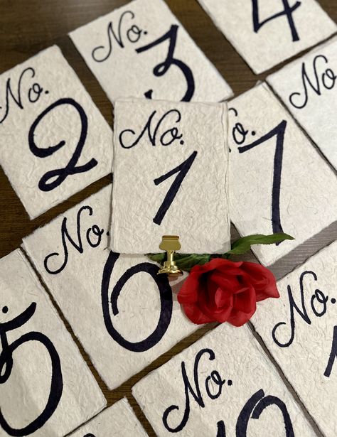 Romantic vintage inspired handmade table numbers, deckled edge, natural paper, calligraphy. Romantic Wedding Table Numbers, Cricut Table Numbers, Unique Wedding Table Numbers, Unique Table Numbers Wedding, Vintage Table Numbers, Hand Made Table, Table Numbers Wedding Diy, Quince Decorations, Virginia House