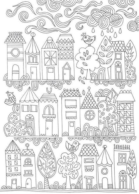 Are you excited for rainy weather? Or do you prefer the sun? #adultcoloring House Village, Colouring Page, Adult Colouring Pages, Free Adult Coloring Pages, Free Print, Adult Colouring, Free Printable Coloring, Free Printable Coloring Pages, Coloring Book Pages