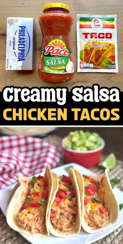 Slow cooker shredded chicken breasts made with cream cheese, a jar of salsa, and taco seasoning. Serve in warm flour tortillas to make delicious homemade tacos for your family! This easy chicken recipe has become so popular at my house, we make it almost every week! The best part about it is that you can easily make it ahead of time. Just dump everything into your crockpot and forget about it until dinner time. It’s also incredibly delicious and versatile! Salsa Shredded Chicken, Shredded Chicken Recipes Easy, Crockpot Chicken Tacos Recipes, Chicken Tacos Recipe Easy, Peanut Butter Lasagna, Chicken Seasoning Recipes, Shredded Chicken Crockpot, Chicken For Dinner, Cream Cheese Pasta