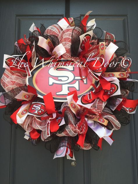 A personal favorite from my Etsy shop https://www.etsy.com/listing/244814647/san-francisco-49ers-wooden-sign-wreath 49ers Door Wreath, 49ers Wreath Deco Mesh, 49ers Wreath, Mesh Wreaths Diy, White Mesh Wreath, Football Wreaths, Deco Mesh Crafts, Wreath Mesh, Halloween Witch Wreath