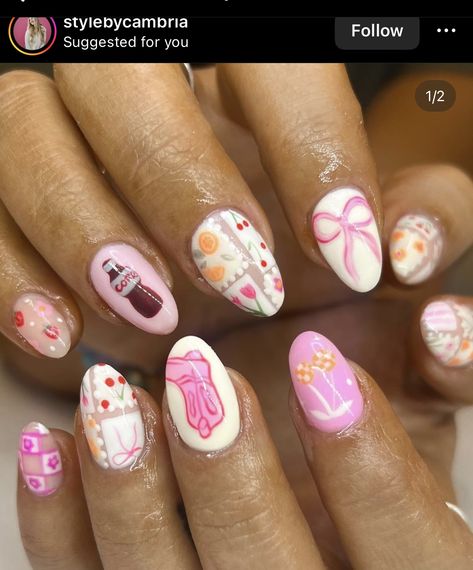 West Coast Nails, Cute Nails For Disney, September Birthday Nail Ideas, Short Teacher Nails, Preppy Disney Nails, Love Shack Fancy Nails, Small World Nails, Lainey Wilson Nails, Bluey Cartoon Acrylic Nails