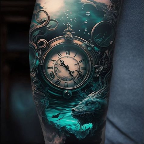 Blue And Green Tattoo Ideas, Water Realism Tattoo, Best Leg Tattoo Men Design Colored, Underwater Tattoo Sleeve Color, Water Based Tattoo Ideas, Colour Sleeve Tattoo Men, Realism Colored Tattoo Design, Color Tattoo For Men Arm, Water Tattoo Sleeve