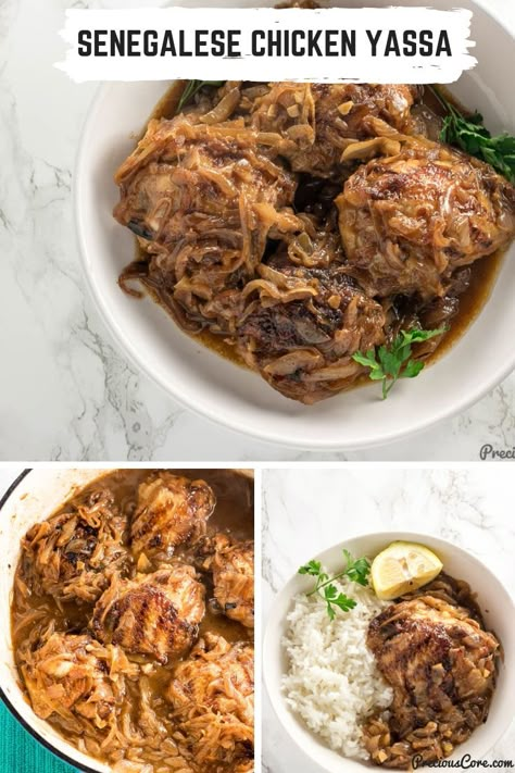 Senegalese Chicken Yassa is grilled chicken cooked in caramelized onions. The result is tender chicken in sweet onions that is to die for. Once you try this, you will want to make it a regular weeknight dinner. So easy to make and so tasty! Get the recipe on Precious Core. #Dinner #ChickenRecipes #PouletYassa #ChickenYassa #Chicken #PreciousCore Delicious Grilled Chicken Recipes, Chicken Yassa, Senegalese Recipe, Garlic Lime Chicken, Rice For Dinner, Boiled Rice, Cilantro Chicken, Chicken Garlic, West African Food