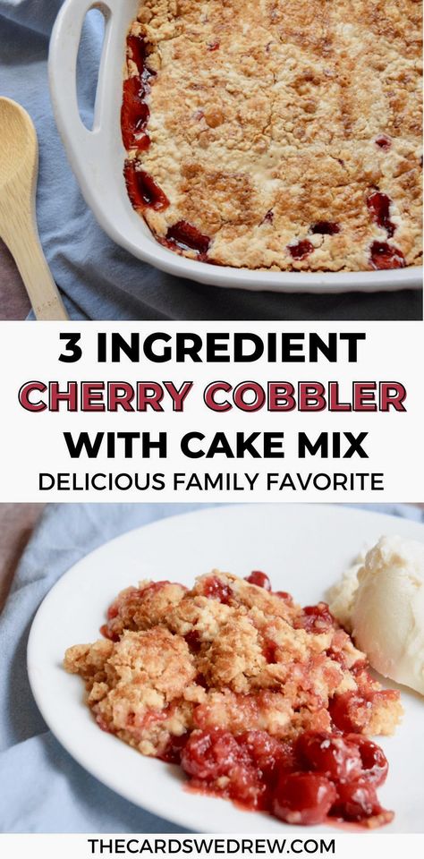 Whip up a delightful dessert in no time with this easy cherry cobbler recipe. Using just three simple ingredients, including a convenient cake mix, you can create a warm, comforting treat that's perfect for any occasion. Whether you're hosting a gathering or simply craving something sweet, this cherry cobbler is sure to impress with its rich flavors and effortless preparation. Enjoy a slice with a scoop of vanilla ice cream for the ultimate indulgence. Easy Cherry Cobbler, Cake Mix Cobbler, Cherry Recipes Dessert, Cherry Cobbler Recipe, Easy Dump Cake Recipe, Cobbler Recipes Easy, Cobbler Easy, Cake Mix Desserts, Pie Filling Recipes