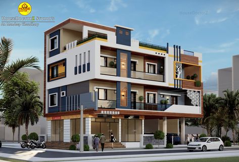 corner house design front elevation view G 3 Front Elevation Design, Corner House Design, Front Elevation Design, Building Front Designs, Flush Door Design, Small House Design Exterior, Building Front, Building Elevation, Indian Home Design