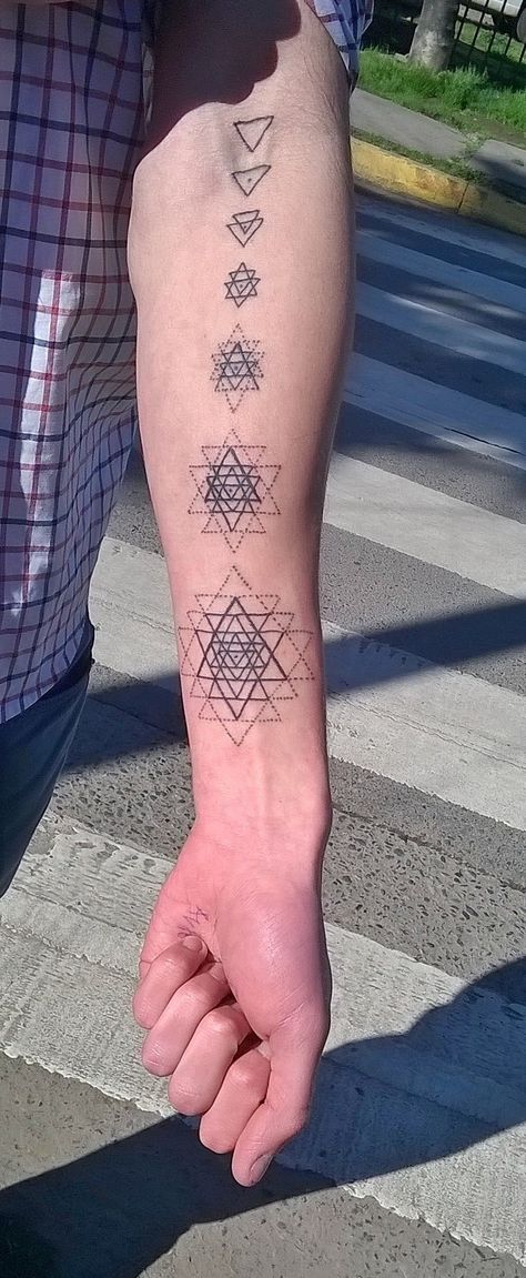 Sri Yantra Tattoo / left arm. Sree Yantra Tattoo, Shree Yantra Tattoo, Devi Tattoo, Sri Yantra Meaning, Tattoo Left Arm, Sri Yantra Tattoo, Lunar Moth Tattoo, Manifestation Tattoo, Kali Yantra