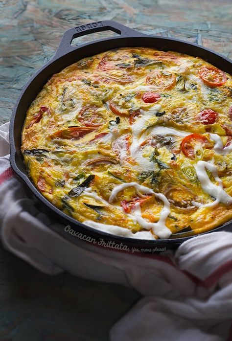 Oaxacan-Mexican-Frittata_Yes,-more-please! Mexican Frittata, Mexican Brunch, Christmas Breakfast Casserole, Mexican Comfort Food, Meatball Soup Recipes, Mexican Crema, Oaxaca Cheese, Brunch Bread, Brunch Spread