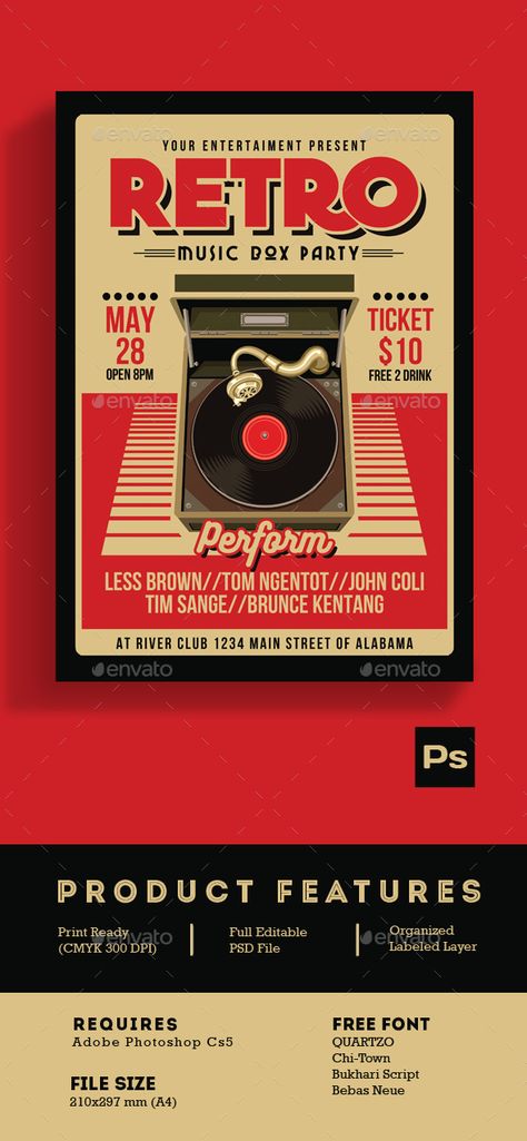 Retro Music Box Party Flyer Template PSD. Download here: https://graphicriver.net/item/retro-music-box-party-2/17109567?ref=ksioks 80s Poster Design, Retro Party Poster, Suitcase Template, Retro Music Poster, College Fest, Fest Poster, 90s Poster, Postcard Poster, Vinyl Poster