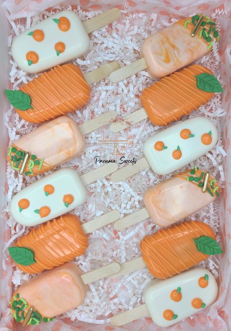 Baby Shower Cakesicles, Citrus Baby, Baby Shower Sweets, Peach Baby Shower, Gender Reveal Party Theme, Orange Baby Shower, Pop Baby Showers, Baby Shower Treats, Baby Reveal Party