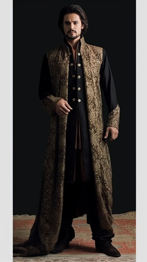 Moroccan Outfit Men, Arab Outfit Men, Traditional Arabic Clothing Men, Middle Eastern Men Fashion, Iranian Men Fashion, Royal Robes King, Ancient Persian Clothing, Medieval Prince Outfit, Medieval Clothing Royal