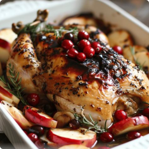 Learn how to make Apple & Cranberry Roasted Chicken with our easy recipe. A flavorful dish perfect for fall dinners and holiday gatherings Roasted Chicken Recipe, Apple Chicken, Whole Chicken Recipes, Roasted Apples, Whole Roasted Chicken, Dried Thyme, Chicken With Olives, Roasted Chicken Breast, Frozen Cranberries