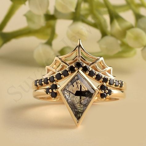 >Item Details:---- *Metal :-  925 Sterling Silver gem Stone:- Natural Black Rutile/ 7x10 mm > Gem stone :- 1.5 mm black zirconia >Plating  Availability:-  White Rhodium plating/Yellow Gold Plating/Rose Gold Plating. >Product Category:-- Wedding Ring, Engagement Ring, Promise Ring, Anniversary Gift  >  CUSTOM  ORDER<   We can create almost any ring , earrings , necklace you desire with high quality and   affordable price. please message us for details. curved wedding bands can be customized for y Alternative Wedding Ring Set, Bat Wing Ring, Dark Romantic Wedding Ring, Dark Wedding Rings Women, Gothic Gold Jewelry, Gothic Wedding Rings Engagement, Spooky Engagement Ring, Goth Wedding Rings, Gothic Wedding Theme