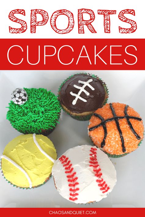 Easy sports cupcakes for your next sports birthday party! #sportscupcakes #footballcupcakes #basketballcupcakes #baseballcupcakes #tenniscupcakes #soccercupcakes #birthdaycupcakes #kidsbirthday Tennis Cupcakes, Sports Cupcakes, Sports Birthday Cakes, Basketball Cupcakes, Sport Cupcakes, Birthday Cupcakes Boy, Birthday Male, Cupcakes For Boys, Sports Theme Birthday