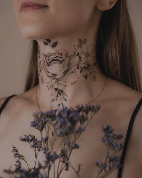 Neck Throat Tattoos Women, Chest Neck Tattoo, Neck Tattoo Women, Flower Neck Tattoo, Front Neck Tattoo, Full Neck Tattoos, Girl Neck Tattoos, Side Neck Tattoo, Throat Tattoo