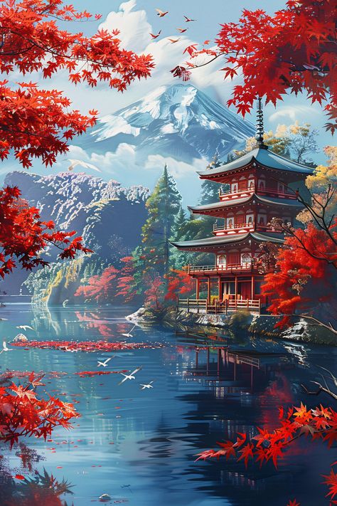 Free Shipping! Includes All Mounting Hardware! Description: The artwork depicts a majestic mountain range, a lake, and a Japanese style temple with trees dotting the foreground. The mountains are painted in warm, rich hues, with the sun casting a golden light over their peaks. The sky is ablaze with the colors of the setting sun, with oranges, pinks, and purples blending together in a breathtaking display of color. The pine trees are depicted in dark greens, with their tall, slender shapes addin Temple Landscape, Japan Painting, Asian Painting, Japon Illustration, Japanese Landscape, Pretty Landscapes, Golden Light, Setting Sun, Cool Wallpapers Art