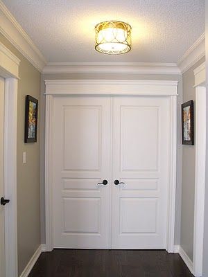 Door Header - like wider trim on the sides of the door Benjamin Moore Revere Pewter, Window Trims, Double Door Entryway, Revere Pewter Benjamin Moore, Baseboard Molding, Interior Colors, Revere Pewter, Door Casing, Door Trim