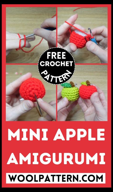 Crochet Mini Apple Amigurumi Pattern Apple Amigurumi, Coloring Bookmarks Free, Yarn Projects Crochet, Crochet Apple, Pattern Step By Step, Crochet Heart Pattern, Crochet Keychain Pattern, Pattern Simple, Mini Apple