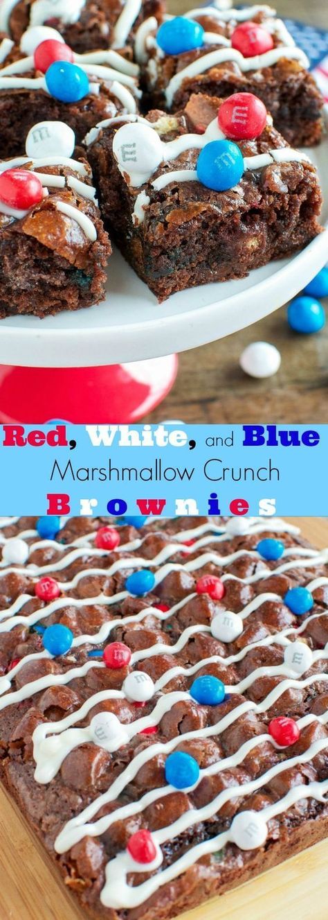 Red, White, and Blue Dessert Idea for Memorial Day. Try this recipe for Patriotic Marshmallow Crunch Brownies from /backforseconds/ at your weekend cookout! Crunch Brownies, Memorial Day Desserts, Memorial Day Foods, Patriotic Food, Patriotic Desserts, Blue Desserts, 4th Of July Desserts, Fourth Of July Food, S'mores