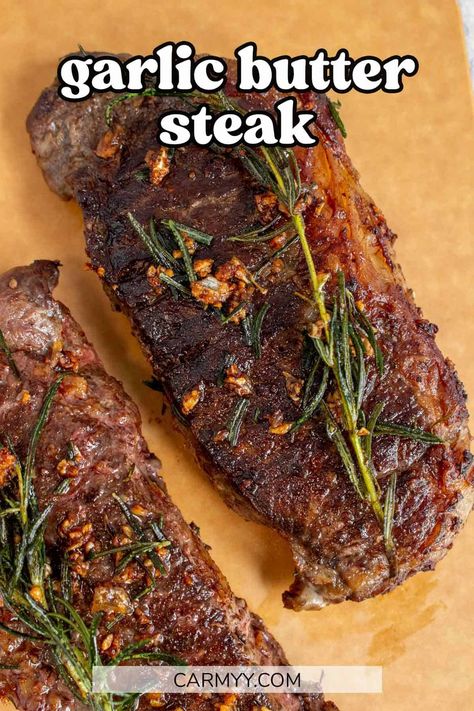 All you need are a handful of ingredients to make this mouthwatering Garlic Butter Steak with Rosemary recipe. It is so easy to make, full of flavour, and pan-seared to perfection. This garlic herb butter steak is so juicy, tender, and delicious! Garlic Herb Butter Steak, Herb Butter Steak, Steak Dry Rub Recipe, Steak With Rosemary, Herb Butter For Steak, Best Steak Seasoning, Rosemary Steak, Grilled Ribeye Steak, Rosemary Recipes