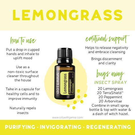 Lemongrass is perfect to apply to overworked muscles because it's very soothing to the body. This makes it an ideal oil for a massage. I love adding a drop or two to my Deep Blue Rub before I apply it. Whip up this yummy diffuser blend: take 3 drops Grapefruit, 2 drops Lemongrass,  and 1 drop Spearmint in a diffuser for a beautiful summery blend that is also purifying to the air!

This month, you can grab Lemongrass for 15% off! Lemongrass Essential Oil Benefits, Lemongrass Essential Oil Uses, Doterra Lemongrass, Doterra Oil, Doterra Essential Oils Recipes, Essential Oil Diffuser Blends Recipes, Birth Doula, Lemongrass Oil, Essential Oil Blends Recipes