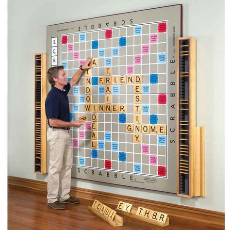 The world’s largest Scrabble game. I wouldn't buy this but could paint it on the wall of a game room. Magnetic Scrabble Board, Giant Scrabble, Wall Scrabble, Scrabble Game, Scrabble Board, Scrabble Wall, Wood Tiles, Hammacher Schlemmer, Word Nerd