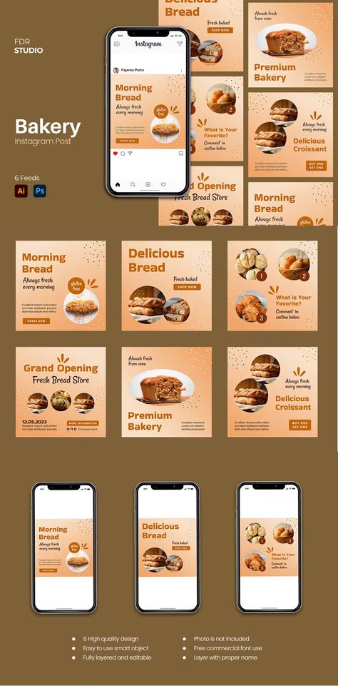 Bakery Instagram Post Templaate PSD, AI Bakery Instagram Post, Create Canva Templates, Bakery Instagram, Instagram Puzzle Feed, Puzzle Feed, How To Store Bread, Bread Shop, Instagram Puzzle, Audience Engagement