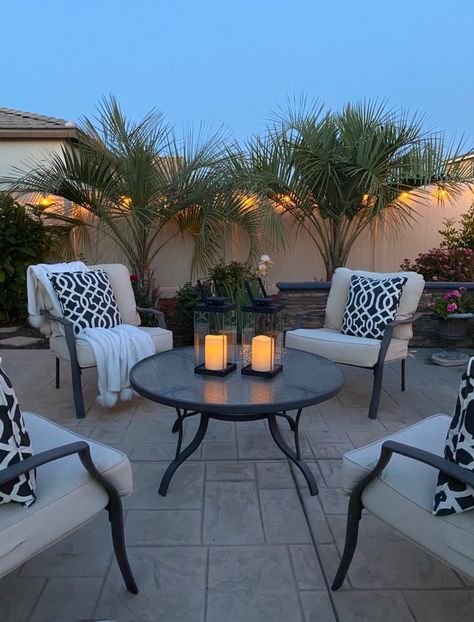 My Backyard - Designs by Jeana Outdoor Decorating Small Patio Ideas On A Budget, Blob Mirror, Resin Patio Furniture, Backyard Seating, Backyard Furniture, Budget Patio, Backyard Makeover, Outdoor Patio Decor, Backyard Projects