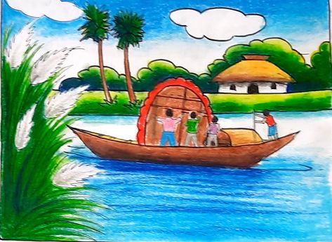 Durga Puja Scenery Drawing, Durga Puja Drawing For Kids, Durga Puja Drawing, Nature Drawing Pictures, Holi Drawing, Easy Painting For Kids, Memory Drawing, Hijab Hipster, Alphabet Drawing