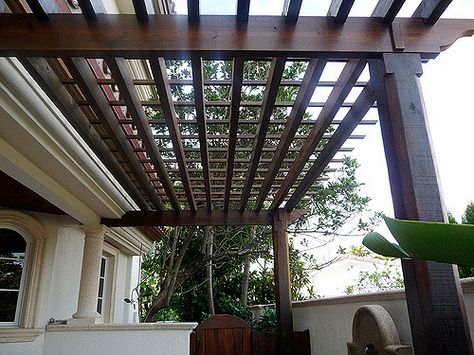 Modern Wood Pergola | rich-dark-wood-stain-pergola-shade-flo… | Flickr Modern Wood Pergola, Pergola Shade Diy, Wood Pergola Kits, Cheap Pergola, Pergola Swing, Pergola Garden, Pergola Lighting, Metal Pergola, Pergola Attached To House