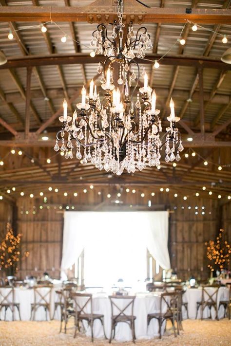 This large crystal chandelier, with a black metal body, was a perfect fit for The Barn at Little Herb House in Raleigh, NC.  Planner: Redbird Events.  Chandelier by Get Lit, Special Event Lighting. Barn With Chandelier, Barn Chandelier, Large Crystal Chandelier, Shed Wedding, Flower Board, Barn Reception, May Weddings, Event Lighting, Large Crystal