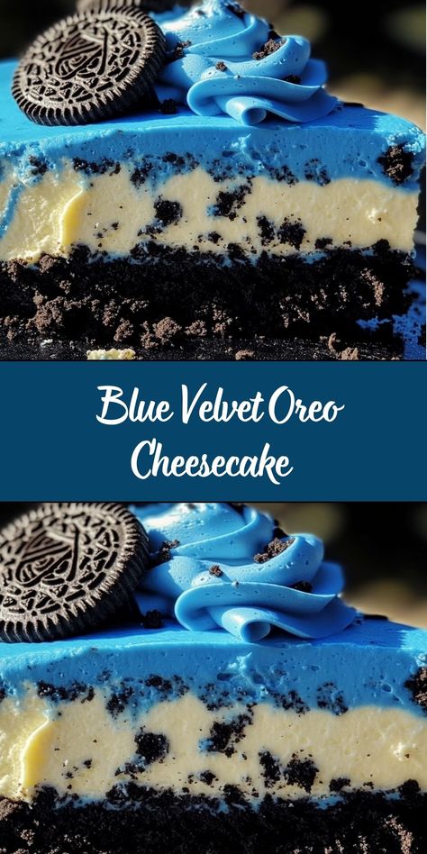 Blue Velvet Oreo Cheesecake is a show-stopping dessert that combines the rich, creamy texture of cheesecake with the vibrant allure of blue velvet and the beloved crunch of Oreos. Perfect for celebrations or when you want to impress, this dessert is as stunning as it is delicious. Blue Cheesecake Recipes, Blue Velvet Desserts, Blue Velvet Cheesecake, Blue Dessert Ideas, Galaxy Cheesecake, Blue Velvet Cake Recipe, Cheesecake Slices, Blue Cheesecake, Recipes With Potatoes