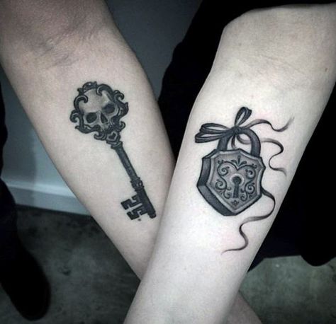 Top 100 Best Matching Couple Tattoos - Connected Design Ideas Lock Key Tattoos, Skeleton Key Tattoo, Key Tattoo Designs, Lock Tattoo, Couple Tattoos Love, Best Couple Tattoos, Key And Lock, Couple Tattoos Unique, Key Tattoos