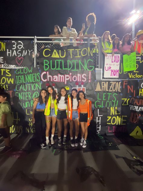 Neon Themed Football Posters, Construction Theme Football Game Poster, Cheer Squad Ideas, Glow In The Dark Football Theme, Football Stadium Decorations High School, Neon Out Football Game Posters, Neon Construction Football Theme, Neon Student Section Posters, Neon Pep Rally Signs