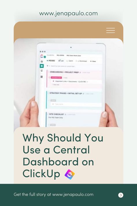 Want to live the productive life in the business? Get things done and keep an eye on the big picture! You can do this in a central dashboard on ClickUp. This means creating a dashboard that is more centered around your needs to increase work productivity. It helps you oversee your admin tasks, outsourcing management, project timelines that include all tasks, and other central needs. If you're on the path to business growth, get more tips to increase productivity by visiting jenapaulo.com. Clickup Dashboards, Business Process Mapping, Project Management Dashboard, Business Dashboard, Product Development Process, Work Productivity, Project Management Templates, Client Management, Onboarding Process