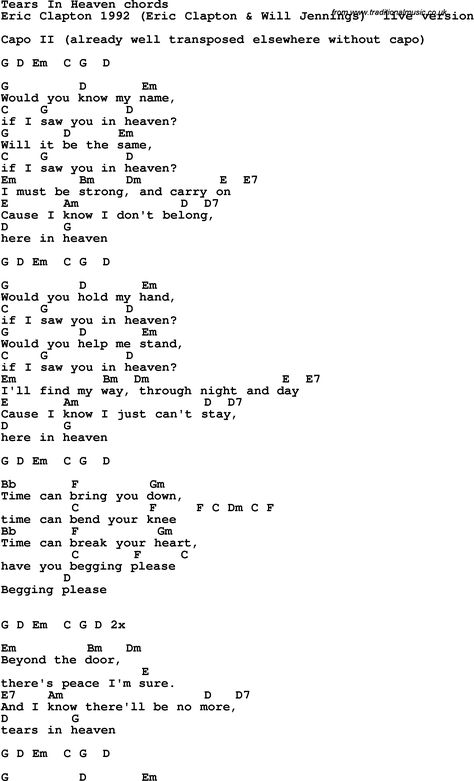 Song Lyrics with guitar chords for Tears In Heaven - Eric Clapton Blues Guitar Chords, Ukulele Chords Songs, Music Theory Guitar, Guitar Lessons Songs, Easy Guitar Songs, Guitar Tabs Songs, Tears In Heaven, Great Song Lyrics, Ukulele Music