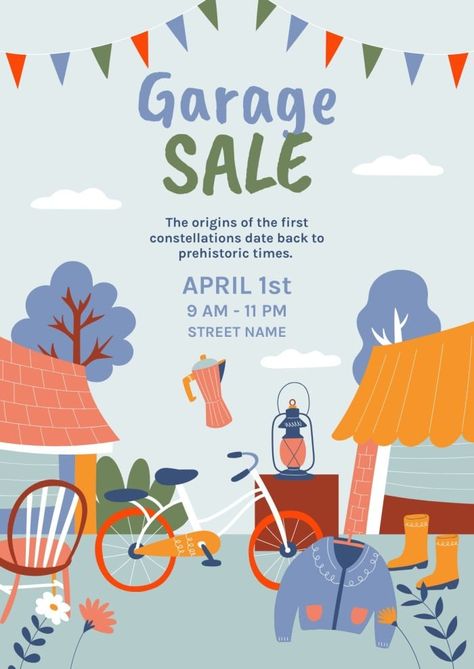 Hand-drawn Bike & Sweater Garage Sale Poster Garage Sale Templates Free, Garage Sale Poster Design, Summer Sale Poster Design, Garage Sale Aesthetic, Sale Poster Design Marketing, Yard Sale Poster, Garage Sale Ideas, Garage Sale Advertising, Garage Sale Flyer