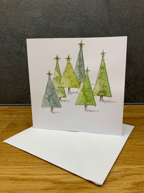 Xmas Tree Watercolor, Watercolour Xmas Card Ideas, Watercolour Stars, Watercolour Christmas Cards Ideas, Watercolour Christmas Cards, Watercolor Christmas Cards Diy, Diy Watercolor Cards, Painted Christmas Cards, Traditional Christmas Cards